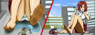 drawing giantess panties feet blushing city comic color small_men barefoot skirt buildings soles yellow_eyes red_hair sitting uniform hot streets vehicles popsicle firemen firetruck fire_hose washing_feet waving_hand furefami