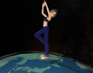 drawing giantess crush landscape space color destruction planet brunette short_hair belly pants athletic globe dust sports_bra continent 5nbe digital_render cosmic_giantess
