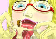 drawing blonde color tongue blue_eyes mouth licking glasses saliva face shrunken_woman captured between_fingers imminent_vore