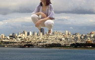 giantess collage city clothed high_heels brunette unknown_artist squatting skyscraper clouds