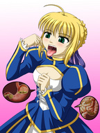 drawing vore blonde color tongue saber mouth handheld saliva green_eyes digestion shrunken_men fangs dangle between_fingers fate/stay_night stomach_view looking_at_tiny fate_(series)