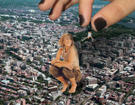 giantess giga city mega blonde clothed handheld finger multiple_sizes unknown_artist giantesses crouching looking_at_victim pinched black_nails