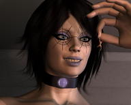 black_hair color handheld brunette domination smiling short_hair unknown_artist shrunken_men hand humiliation cruel dangle lipstick choker between_fingers nail_polish source_needed looking_at_tiny digital_render