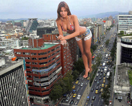 giantess collage city handheld barefoot cleavage traffic buildings street unknown_artist looking_at_viewer rooftop