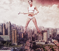 giantess collage blonde short_hair unknown_artist weapon looking_down skyscraper standing red_lips white_panties wife_beater hammer