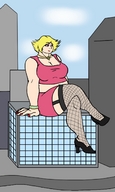drawing giantess blonde color cleavage high_heels fishnets legs_crossed sitting_on_building