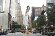 giantess collage city handheld high_heels buildings people streets captured vehicles fist between_fingers looking_at_viewer kidnapping pacmanri