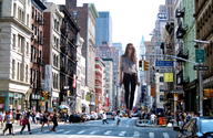 giantess collage city clothed high_heels buildings brunette walking sunglasses people streets pacmanri holding_cars