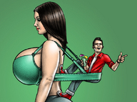 breasts drawing small_man size_difference color clothed brunette amazon sneakers bra_strap