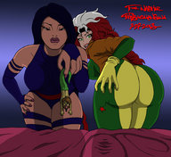 breasts drawing black_hair color butt handheld butt_crush brunette gloves asian red_hair dangle costume leotard x-men thebigmansini shrunken_character looking_at_tiny psylocke x_goddesses marvel_comics rogue_(x-men) hair_streak