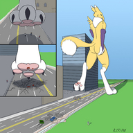 drawing crush furry macro color buildings blood fox paws canine shrunken_people foot_print streets renamon vehicle_crush
