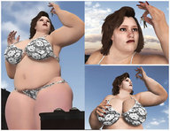 giantess small_man swimsuit cleavage brunette brown_eyes bbw dangle sky between_fingers panels imminent_vore suneeeel looking_at_tiny digital_render