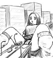 drawing giantess panties upskirt monochrome destruction buildings sitting bus highway vehicles knee_socks