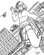 drawing giantess monochrome destruction clothed handheld skirt buildings train thigh_highs hanging_on looking_at_tiny