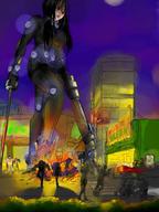 drawing giantess city color destruction buildings shrunken_people looking_down streets vehicle_crush moon_light mechanical looking_at_tiny