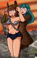 horns armor destruction lum green_hair red_hair belly giantesses smoke gmp benten pointed_ears