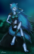 giantess tail upskirt long_hair armor claws skirt climbing blue_hair slave paws shrunken_men warrior fur caught entrapment body_exploration cat_girl captured under_foot necklace long_legs bracelet blue_nails glowing_eyes white_eyes maxfootster