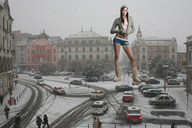 giantess crush collage city clothed brunette boots shorts snow vehicles looking_at_viewer hoodie adi.c