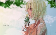 gentle giantess blonde handheld unknown_artist kissing outdoors sketching attack_on_titan shingeki_no_kyojin armin_arlert annie_leonhardt