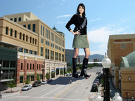giantess collage city skirt wonderslug boots streets sky under_foot looking_at_viewer vehicle_crush between_buildings