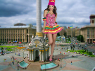 giantess collage city buildings brunette smiling dress legs people sky hat looking_at_viewer colors square monument frilly_dress eci999
