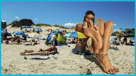 giantess collage feet beach barefoot soles brunette sand pedicure toe_ring ankle_bracelet looking_at_viewer beach_goers eci999