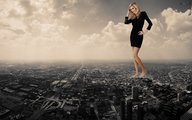 collage city mega blonde barefoot dress unknown_artist looking_down clouds sky under_foot