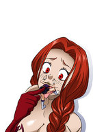 breasts drawing vore color licking handheld cleavage red_eyes gloves red_hair shrunken_woman fairy_tail jitensha flare_corona looking_at_tiny lucy_heartfilia