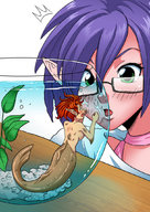 drawing color glasses purple_hair mermaid pet face table shrunken_woman jitensha looking_at_tiny