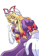 drawing vore blonde color tongue clothed mouth cleavage touhou gloves dress shrunken_woman jitensha yukari_yakumo bows poking_in