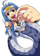 vore red_eyes blue_hair shrunken_woman open_mouth dangle snake_girl jitensha kos-mos t-elos
