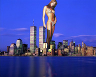 collage city mega swimsuit brunette wonderslug skyscraper night looking_at_viewer waterfront city_lights