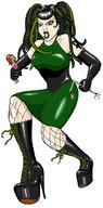 drawing color handheld green_eyes gloves boots fishnets shrunken_woman green_dress laces looking_at_tiny gothzilla arachniabat