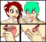 drawing vore color tongue mouth handheld green_hair red_hair shrunken_men manicure panels looking_at_victim jj-psychotic holly scarlett