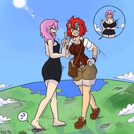 drawing giantess crush giga color planet barefoot pink_hair red_hair dress giantesses goggles kenj