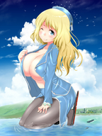 breasts drawing giantess blonde color blue_eyes cleavage huge_breasts stockings kneeling lake boats clouds sky birds ships looking_at_viewer source_needed winking kantai_collection atago