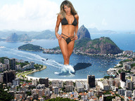 breasts giantess collage city mega blonde swimsuit buildings wonderslug legs waves bay boats athletic looking_at_viewer harbor wading navel_ring
