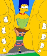 breasts drawing giantess crush feet mega color toes barefoot cleavage soles blue_hair marge_simpson simpsons marge the_simpsons between_feet milf necklace homer homer_simpson yellow_skin springfield