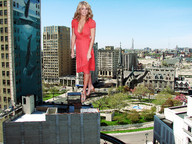 giantess collage city blonde cleavage high_heels buildings wonderslug dress looking_at_viewer vehicle_crush gemma_atkinson holding_vehicle