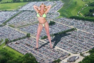 giantess collage blonde swimsuit wonderslug parking_lot looking_at_viewer vehicle_crush downward_angle