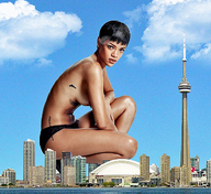 collage city mega celebrity short_hair kneeling skyscrapers clouds sky looking_at_viewer rihanna