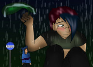 giantess blushing color glasses parody rain hoodie merciless_mercedes multicolored_hair bus_stop