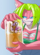 drawing furry color blue_eyes cleavage shrunken_woman entrapment jar liquid looking_at_tiny