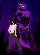 breasts drawing giantess horns anthro size_difference color clothed brunette boots standing night structures