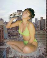breasts giantess collage vore mega swimsuit destruction cleavage brunette asian unknown_artist sitting skyscraper closed_eyes bangs