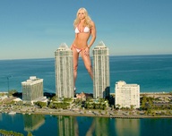 giantess collage blonde swimsuit ocean buildings wonderslug sky looking_at_viewer resort holly_brickin