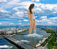 giantess collage swimsuit bridge buildings brunette wonderslug river clouds sky wading