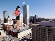 giantess collage city black_hair destruction skirt high_heels wonderslug looking_down skyscraper foot_print vehicles sky vehicle_crush rooftop ear_loops