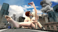 breasts nipples giantess city destruction multiple_giantesses barefoot buildings sitting kissing lesbians camera giantesses pink_nails smoke sorenzer0 digital_render