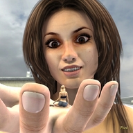 giantess blonde handheld finger brunette brown_eyes shrunken_woman looking_at_tiny plusi check_me_out digital_render